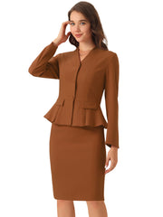 2 Piece Long Sleeve Collarless Peplum Blazer and Pencil Skirt Work Suit Set