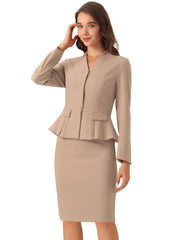 2 Piece Long Sleeve Collarless Peplum Blazer and Pencil Skirt Work Suit Set