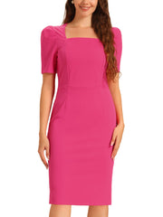 Square Neck Puff Sleeve Rear Slit Business Casual Midi Sheath Dress