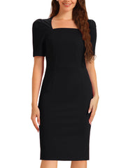Square Neck Puff Sleeve Rear Slit Business Casual Midi Sheath Dress