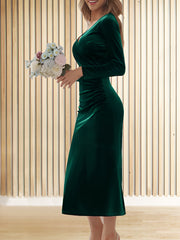 Flattering Asymmetrical Ruches with Fishtail Hem Velvet Ruched Long Sleeves Bodycon Fishtail Maxi Date Nights Dress