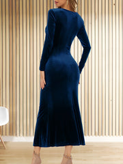 Flattering Asymmetrical Ruches with Fishtail Hem Velvet Ruched Long Sleeves Bodycon Fishtail Maxi Date Nights Dress