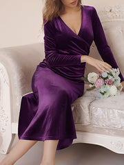 Flattering Asymmetrical Ruches with Fishtail Hem Velvet Ruched Long Sleeves Bodycon Fishtail Maxi Date Nights Dress