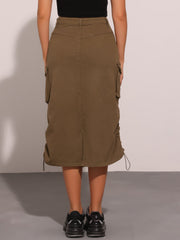 Midi Skirt Flap Pocket Back Slit Drawstring Cargo Skirt