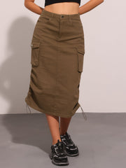 Midi Skirt Flap Pocket Back Slit Drawstring Cargo Skirt