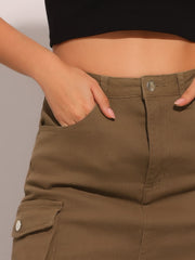 Midi Skirt Flap Pocket Back Slit Drawstring Cargo Skirt
