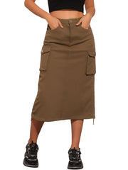 Midi Skirt Flap Pocket Back Slit Drawstring Cargo Skirt