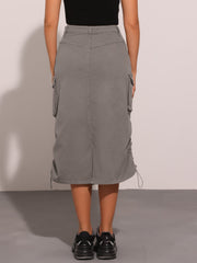 Midi Skirt Flap Pocket Back Slit Drawstring Cargo Skirt
