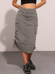Midi Skirt Flap Pocket Back Slit Drawstring Cargo Skirt