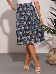 Floral Peasant Elastic Waist A-Line Ditsy Leave Midi Skirt