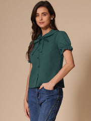 Peter Pan Collar Tie Neck Casual Cute Cotton Button-Up Shirt