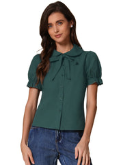 Peter Pan Collar Tie Neck Casual Cute Cotton Button-Up Shirt