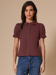 Peter Pan Collar Tie Neck Casual Cute Cotton Button-Up Shirt