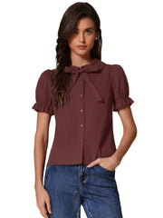 Peter Pan Collar Tie Neck Casual Cute Cotton Button-Up Shirt
