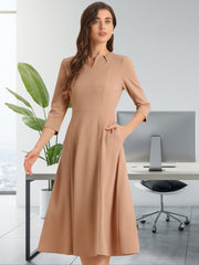 Notch Neck Pocketed 3/4 Sleeve Solid A-Line Work Dress