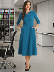 Notch Neck 3/4 Sleeve Pocketed Solid A-Line Work Dress
