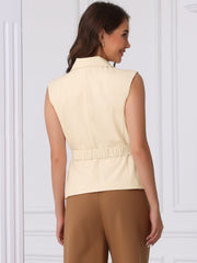 Sleeveless Belted Lapel Collar Work Vest
