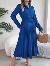 Collar Buttoned Long Sleeve Maxi Pleated Shirt Dress