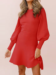 Long Sleeved Round Neck Solid Color Mini Sweater Dress