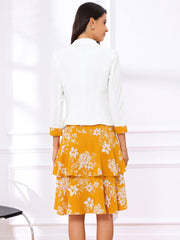 Work flower Print Contrast Panel 2pc Sets Chiffon V Neck Jacket Dress