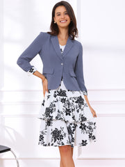 Work flower Print Contrast Panel 2pc Sets Chiffon V Neck Jacket Dress