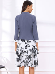 Work flower Print Contrast Panel 2pc Sets Chiffon V Neck Jacket Dress