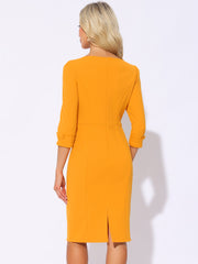 3/4 Sleeve Notch Neck Slim Fit Work Pencil Midi Dress