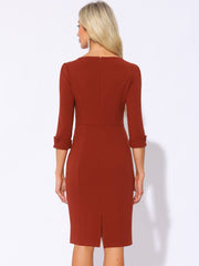 3/4 Sleeve Notch Neck Slim Fit Work Pencil Midi Dress
