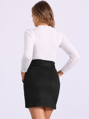 Faux Suede Casual High Waist Belted A-Line Mini Skirts