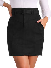 Faux Suede Casual High Waist Belted A-Line Mini Skirts