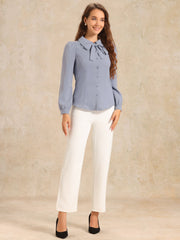 Peter Pan Collar Chiffon Bow Tie Neck Puff Sleeve Button Blouse