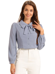 Peter Pan Collar Chiffon Bow Tie Neck Puff Sleeve Button Blouse