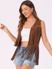Fringe Open Front 70s Outfits Faux Suede Tassel Vest