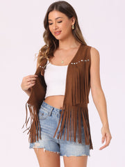 Fringe Open Front 70s Outfits Faux Suede Tassel Vest