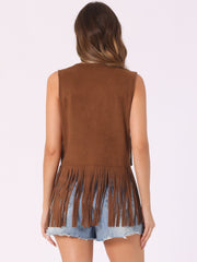 Fringe Open Front 70s Outfits Faux Suede Tassel Vest