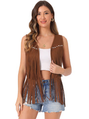 Fringe Open Front 70s Outfits Faux Suede Tassel Vest