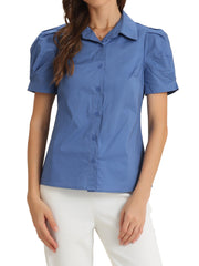 Puff Short Sleeve Turn Down Collared Office Button Down Shirt