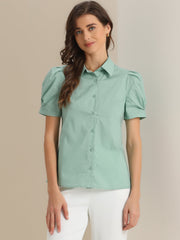 Puff Short Sleeve Turn Down Collared Office Button Down Shirt