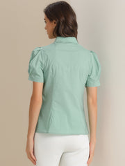 Puff Short Sleeve Turn Down Collared Office Button Down Shirt