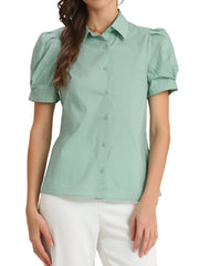 Puff Short Sleeve Turn Down Collared Office Button Down Shirt