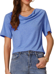 Cowl Neck Short Sleeve Casual Stretchy Blouse