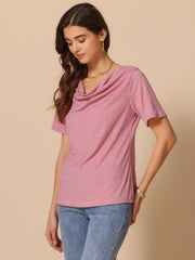 Cowl Neck Short Sleeve Casual Stretchy Blouse
