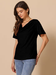 Cowl Neck Short Sleeve Casual Stretchy Blouse
