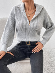 Polo Collar Zipper Long Sleeve Solid Color Casual Sweater