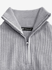 Polo Collar Zipper Long Sleeve Solid Color Casual Sweater
