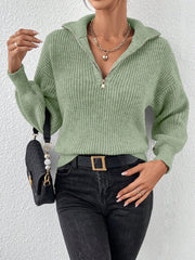 Polo Collar Zipper Long Sleeve Solid Color Casual Sweater