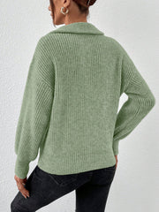 Polo Collar Zipper Long Sleeve Solid Color Casual Sweater