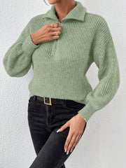 Polo Collar Zipper Long Sleeve Solid Color Casual Sweater