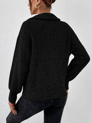 Polo Collar Zipper Long Sleeve Solid Color Casual Sweater