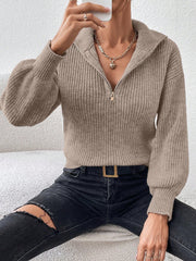 Polo Collar Zipper Long Sleeve Solid Color Casual Sweater